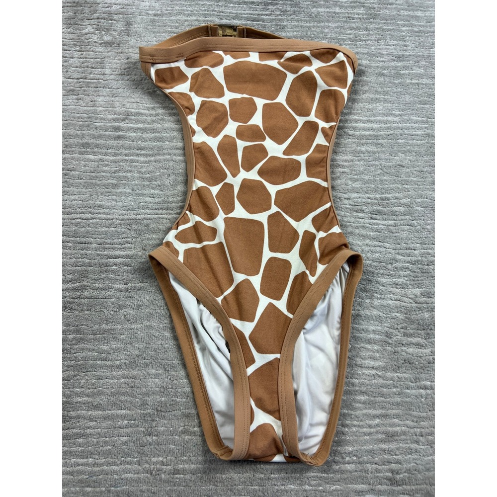 Michael Kors Swimsuit Women Brown Giraffe Print Bandeau High Leg Logo Buckle